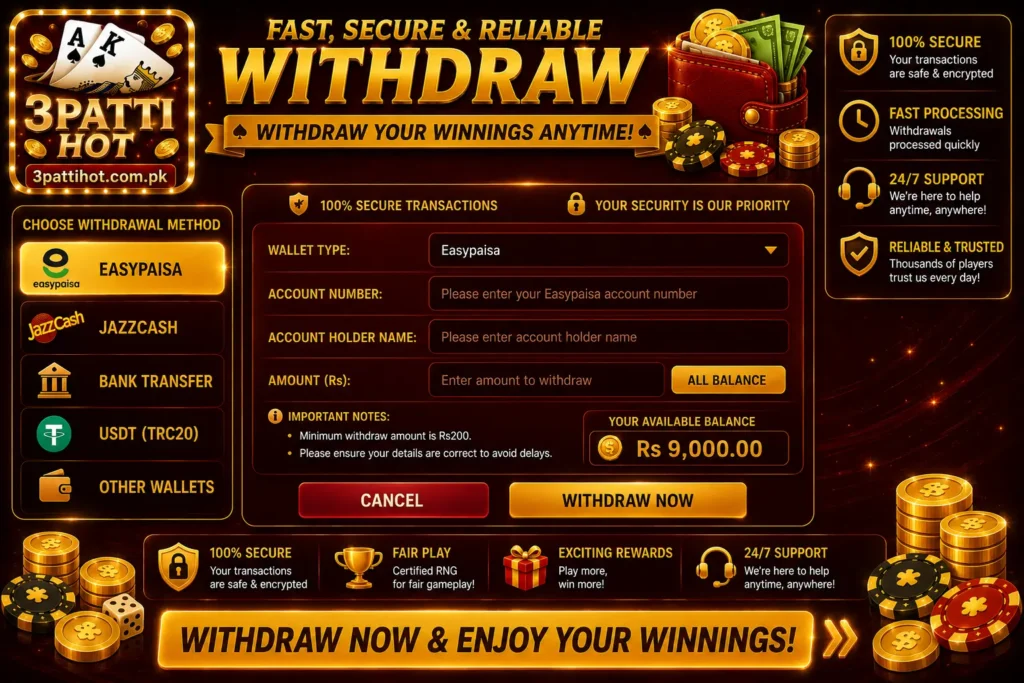 Withdrawal method in 3 patti hot